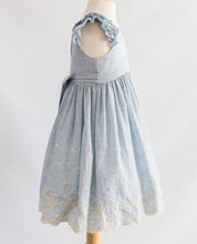 Load image into Gallery viewer, Blue Speckled Embroidered Border Toddler Dress
