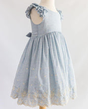 Load image into Gallery viewer, Blue Speckled Embroidered Border Toddler Dress
