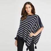 Load image into Gallery viewer, Navy and White Striped Tassel Poncho Scarf
