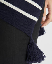 Load image into Gallery viewer, Navy and White Striped Tassel Poncho Scarf
