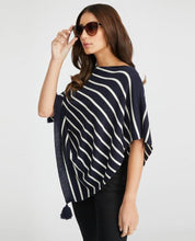 Load image into Gallery viewer, Navy and White Striped Tassel Poncho Scarf

