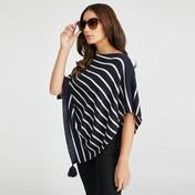 Load image into Gallery viewer, Navy and White Striped Tassel Poncho Scarf
